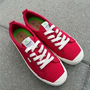 Cariuma Red Canvas Sneakers with White Laces and Green Insole